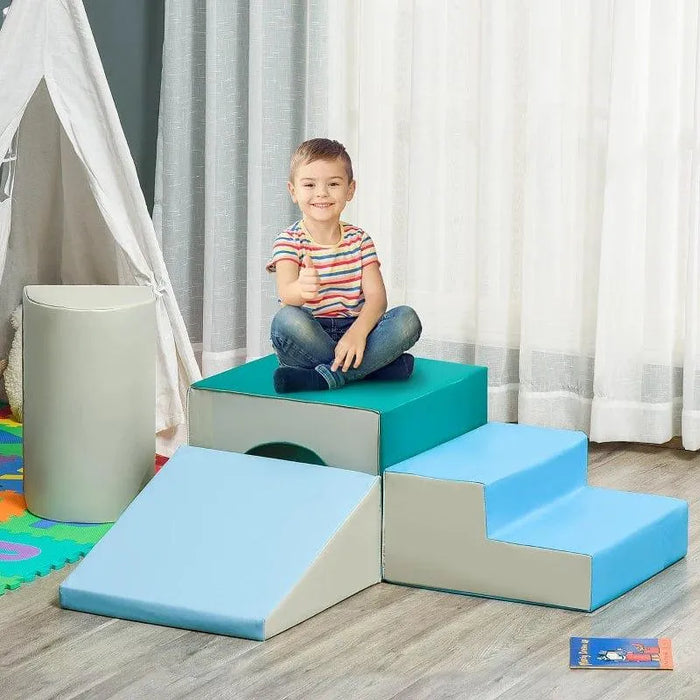 Child on Montessori-inspired 4-piece soft play set with stairs, ramp, tunnel, and cuboid