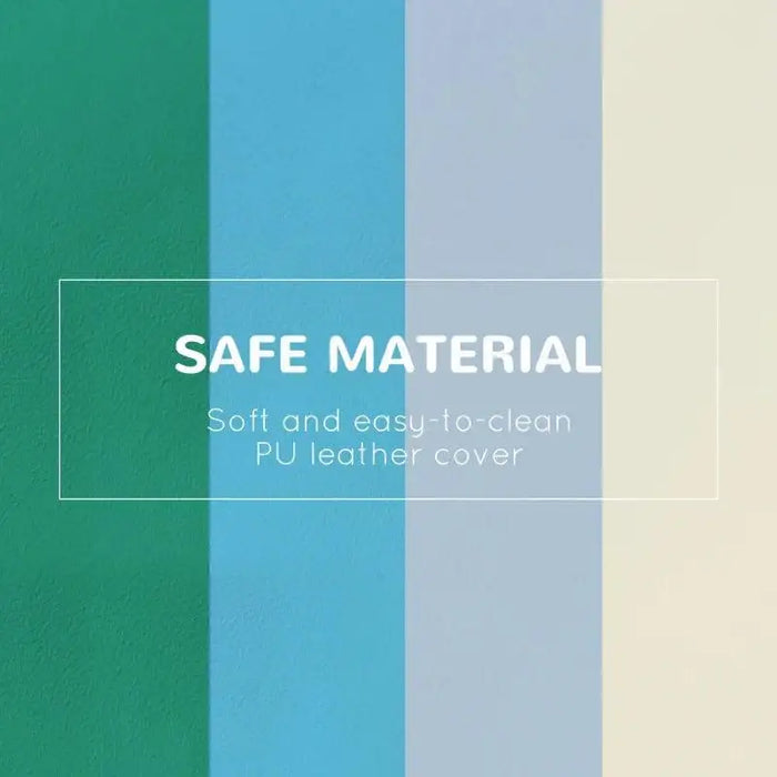 Soft PU leather material sample in green, blue, and beige with safe material text overlay