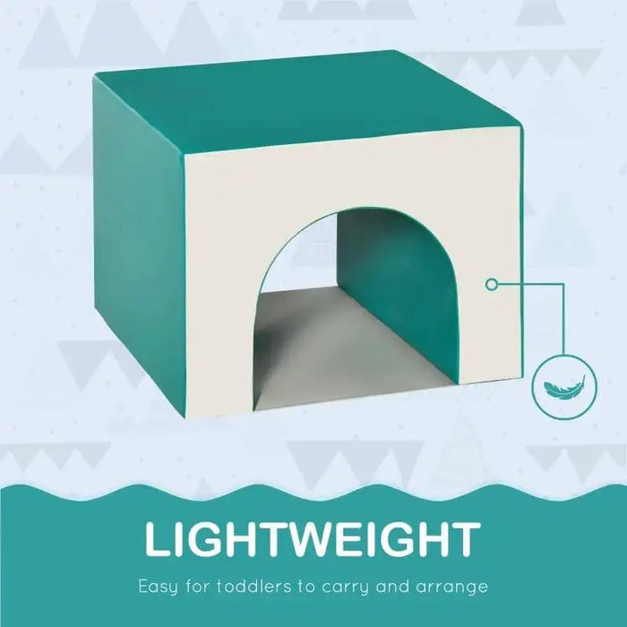 Lightweight Montessori soft play tunnel cube for toddlers, teal and white, easy to carry