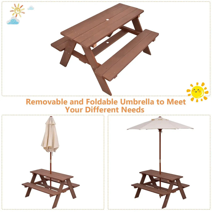 4-Seater Kids Wooden Picnic Table – Walnut | Garden Bench Set with Folding Sun Umbrella COSTWAY - Little and Giant Explorers Costway
