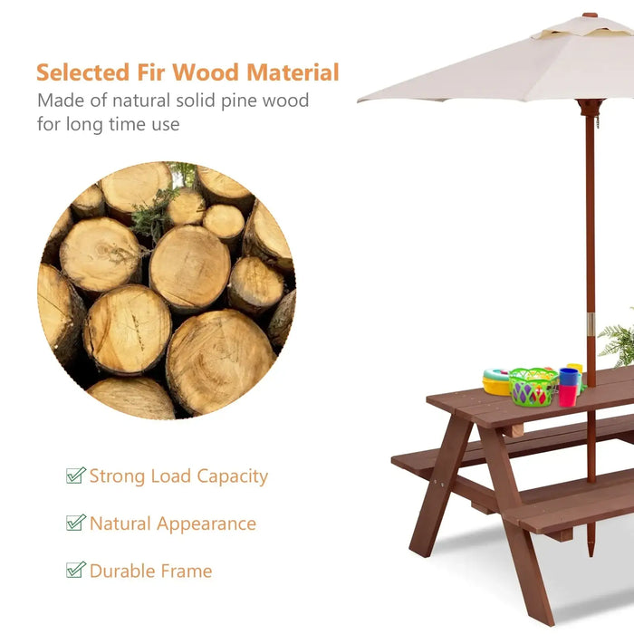 4-Seater Kids Wooden Picnic Table – Walnut | Garden Bench Set with Folding Sun Umbrella COSTWAY - Little and Giant Explorers Costway