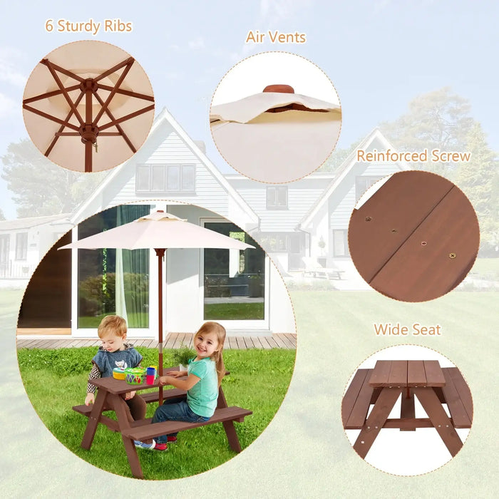 4-Seater Kids Wooden Picnic Table – Walnut | Garden Bench Set with Folding Sun Umbrella COSTWAY - Little and Giant Explorers Costway