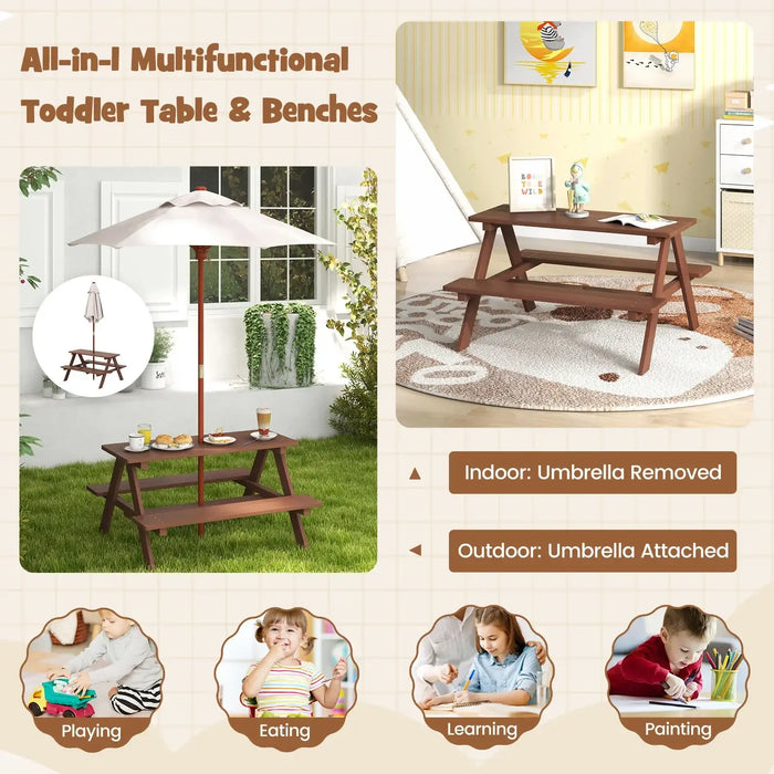 4-Seater Kids Wooden Picnic Table – Walnut | Garden Bench Set with Folding Sun Umbrella COSTWAY - Little and Giant Explorers Costway