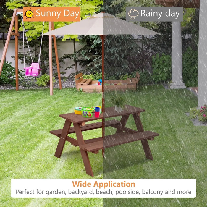 4-Seater Kids Wooden Picnic Table – Walnut | Garden Bench Set with Folding Sun Umbrella COSTWAY - Little and Giant Explorers Costway