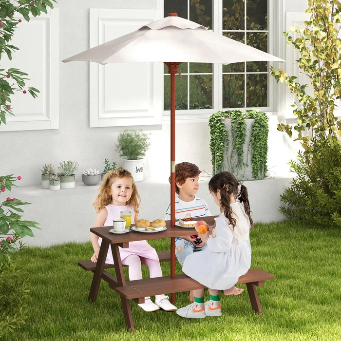 4-Seater Kids Wooden Picnic Table – Walnut | Garden Bench Set with Folding Sun Umbrella COSTWAY - Little and Giant Explorers Costway