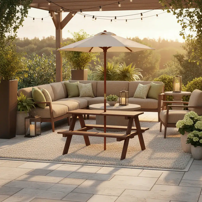 4-Seater Kids Wooden Picnic Table – Walnut | Garden Bench Set with Folding Sun Umbrella COSTWAY - Little and Giant Explorers Costway