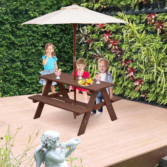 4-Seater Kids Wooden Picnic Table – Walnut | Garden Bench Set with Folding Sun Umbrella COSTWAY - Little and Giant Explorers Costway