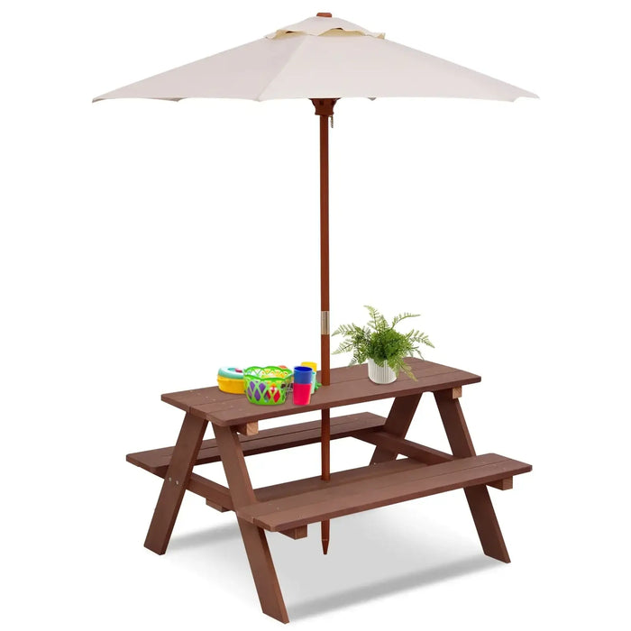 4-Seater Kids Wooden Picnic Table – Walnut | Garden Bench Set with Folding Sun Umbrella COSTWAY - Little and Giant Explorers Costway