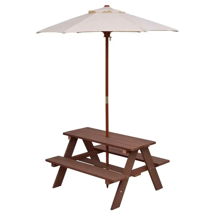 4-Seater Kids Wooden Picnic Table – Walnut | Garden Bench Set with Folding Sun Umbrella COSTWAY - Little and Giant Explorers Costway