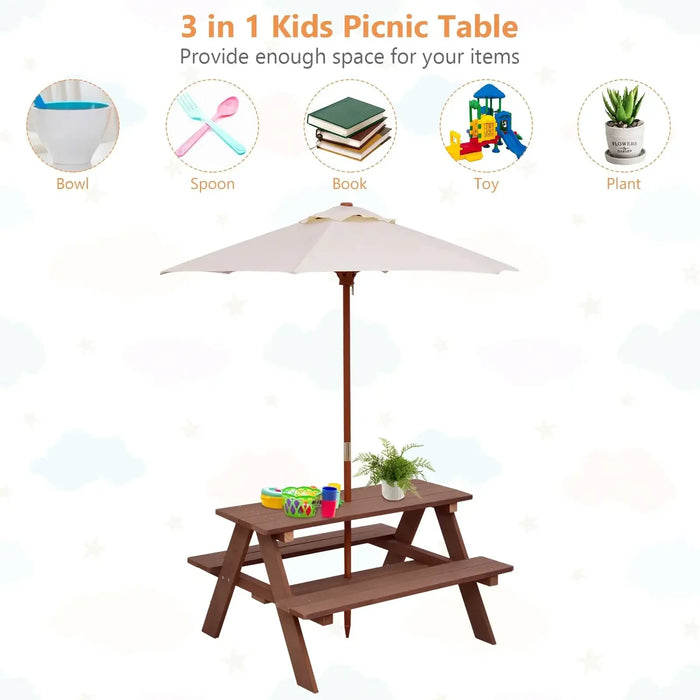 4-Seater Kids Wooden Picnic Table – Walnut | Garden Bench Set with Folding Sun Umbrella COSTWAY - Little and Giant Explorers Costway