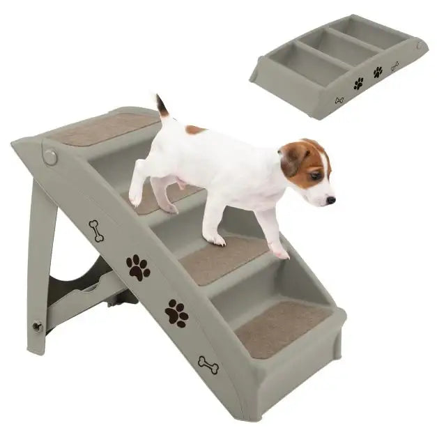4 Step Foldable Pet Stairs - Grey and Beige | Non-Slip Portable Dog and Cat Ladder - Up to 132lbs COSTWAY - Little and Giant Explorers Costway