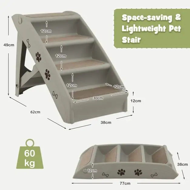 4 Step Foldable Pet Stairs - Grey and Beige | Non-Slip Portable Dog and Cat Ladder - Up to 132lbs COSTWAY - Little and Giant Explorers Costway