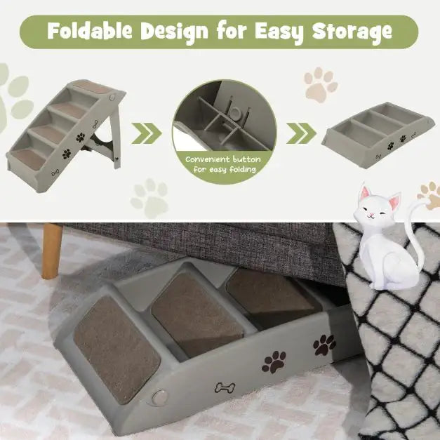 4 Step Foldable Pet Stairs - Grey and Beige | Non-Slip Portable Dog and Cat Ladder - Up to 132lbs COSTWAY - Little and Giant Explorers Costway