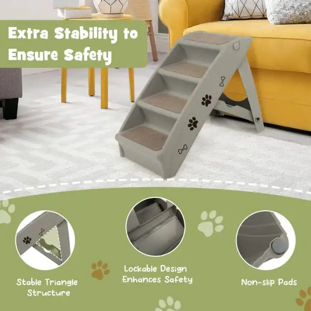 4 Step Foldable Pet Stairs - Grey and Beige | Non-Slip Portable Dog and Cat Ladder - Up to 132lbs COSTWAY - Little and Giant Explorers Costway