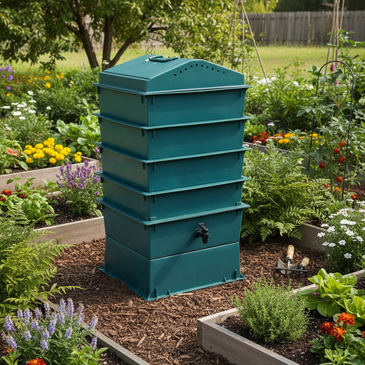 4-tray HDPE worm composter for organic waste in a flower-filled garden
