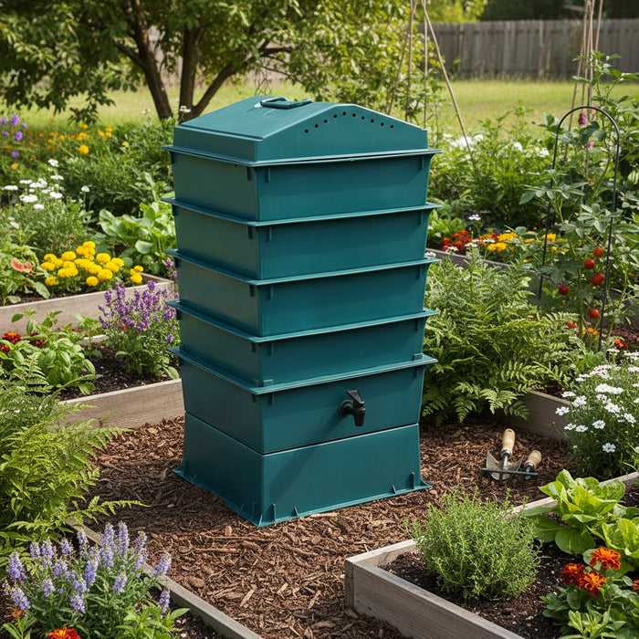 4-tray HDPE worm composter for organic waste in a flower-filled garden