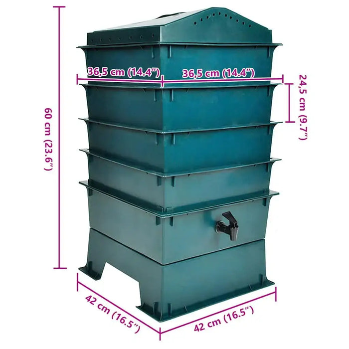 4-tray HDPE worm factory composter with tap, labeled dimensions, organic waste recycling system