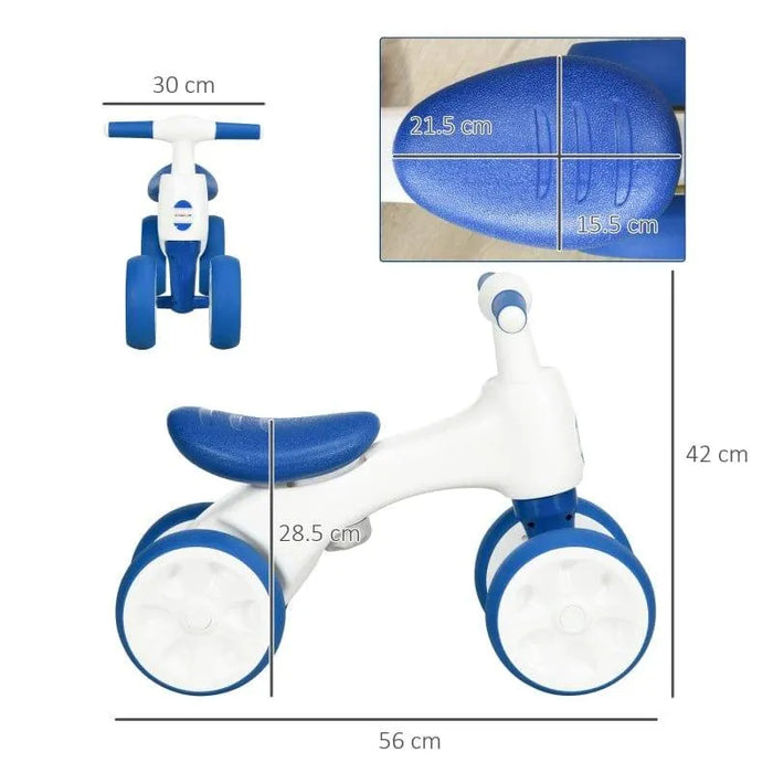 White and blue 4-wheel kids balance bike with steering limit, enclosed wheels, and size dimensions.
