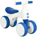 White and blue 4-wheel kids balance bike with fully enclosed wheels and padded seat