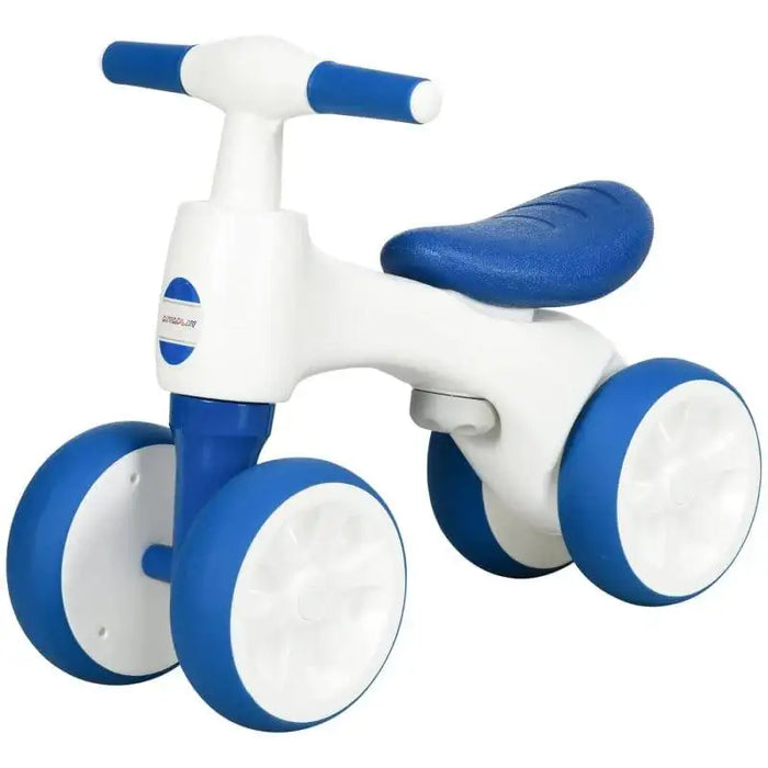 White and blue 4-wheel kids balance bike with enclosed wheels and cushioned seat