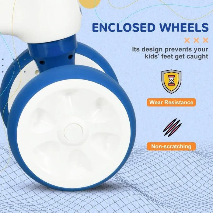 White and blue 4-wheel kids balance bike with fully enclosed wheels and safety features