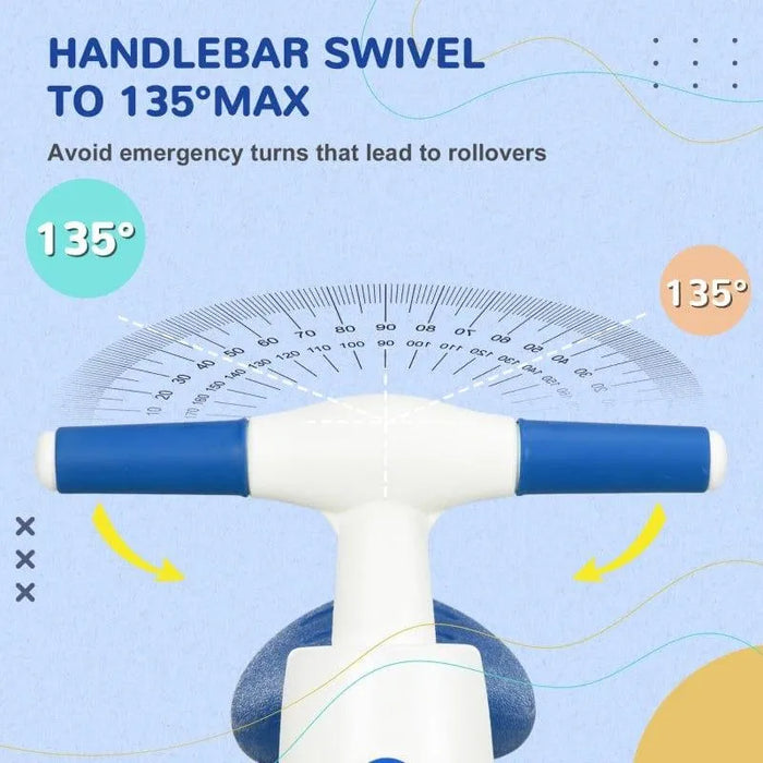 Kids balance bike blue handlebar with 135-degree swivel steering limit, safety feature shown.
