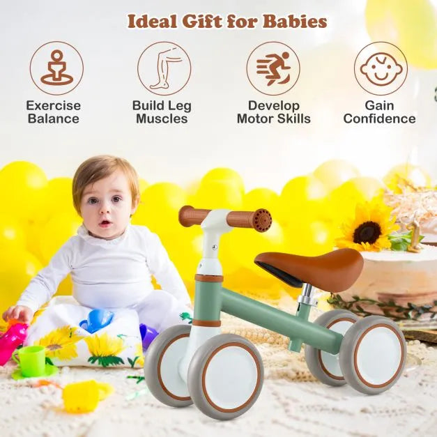 4-Wheel Toddler Balance Bike – Green | Adjustable Handle and Seat for Ages 1–3 COSTWAY - Little and Giant Explorers Costway