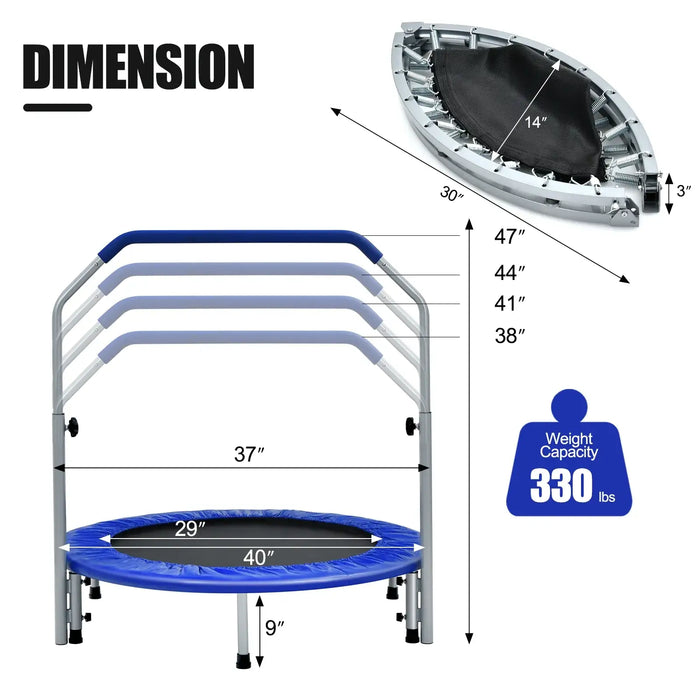 40" Foldable Fitness Trampoline – Blue | Exercise Rebounder - Adjustable Handle COSTWAY - Little and Giant Explorers Costway