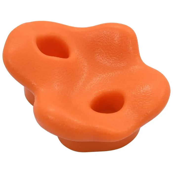 Orange kids climbing stone rock hold with textured surface and two holes, for play wall.