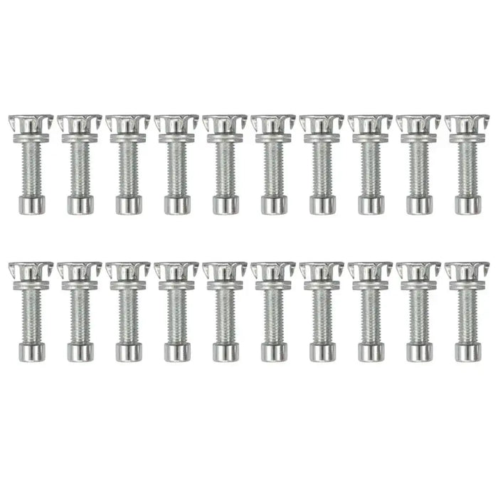 20 silver metal bolts for kids climbing wall holds, organized in two neat rows