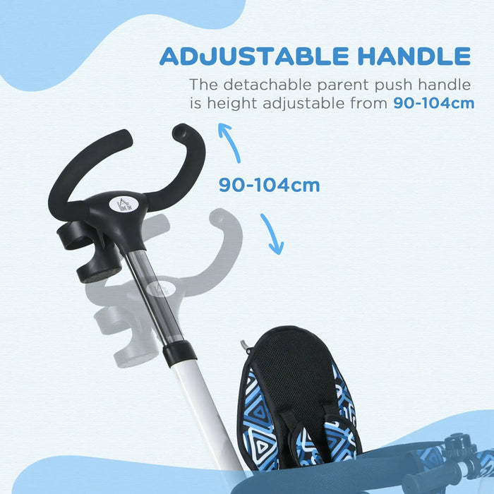 Adjustable handle for a stroller with height range 90-104cm on a light blue background