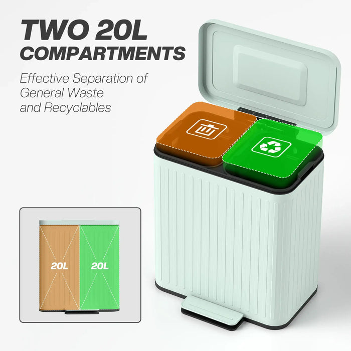 Two 20L compartment recycling bin with brown and green sections on a white background.