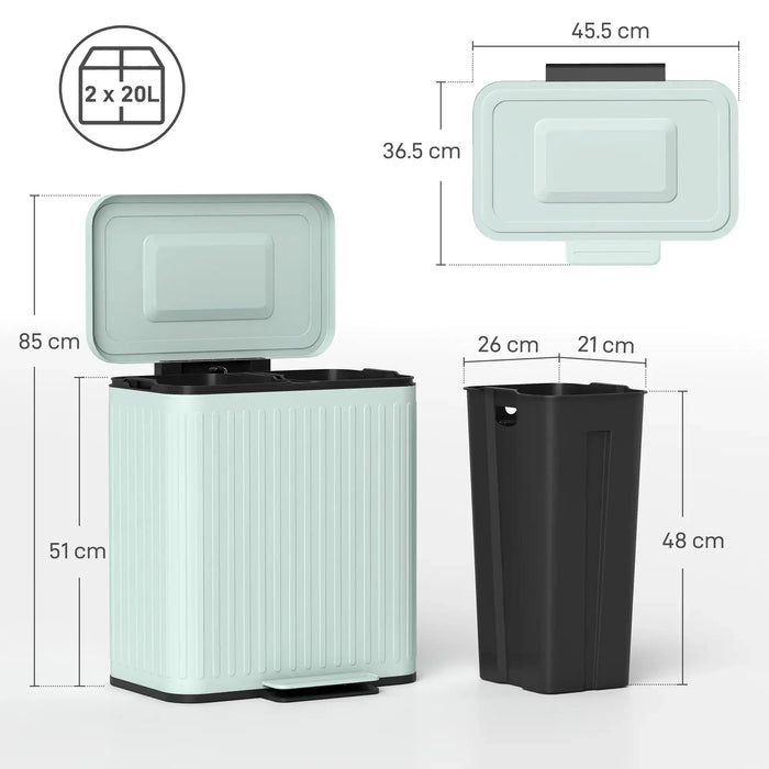 Dimensions of a mint green trash bin and a black trash can on a white background