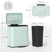Dimensions of a mint green trash bin and a black trash can on a white background