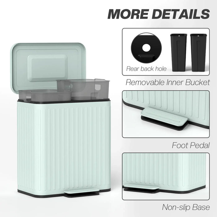 Mint green trash bin with features highlighted on a white background