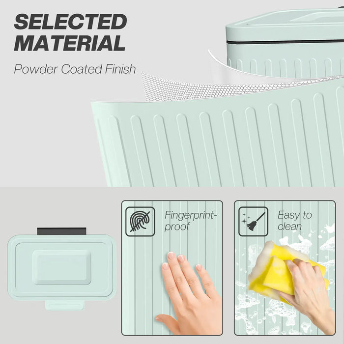 Light green kitchen container with text on material and features, including fingerprint-proof and easy-to-clean properties.
