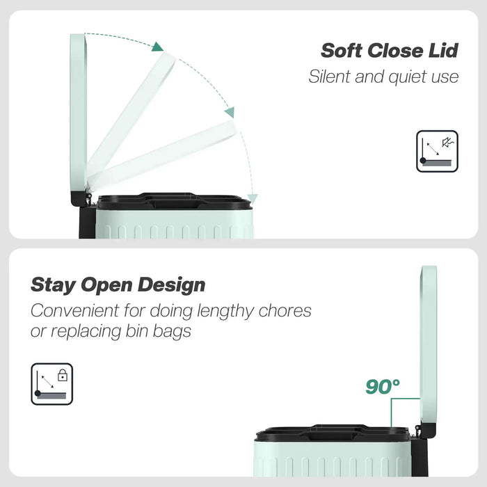 Features of a trash bin with soft close lid and stay open design on a white background.