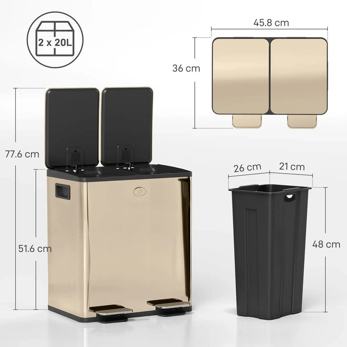 Beige and black dual trash bin with dimensions displayed