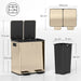 Beige and black dual trash bin with dimensions displayed