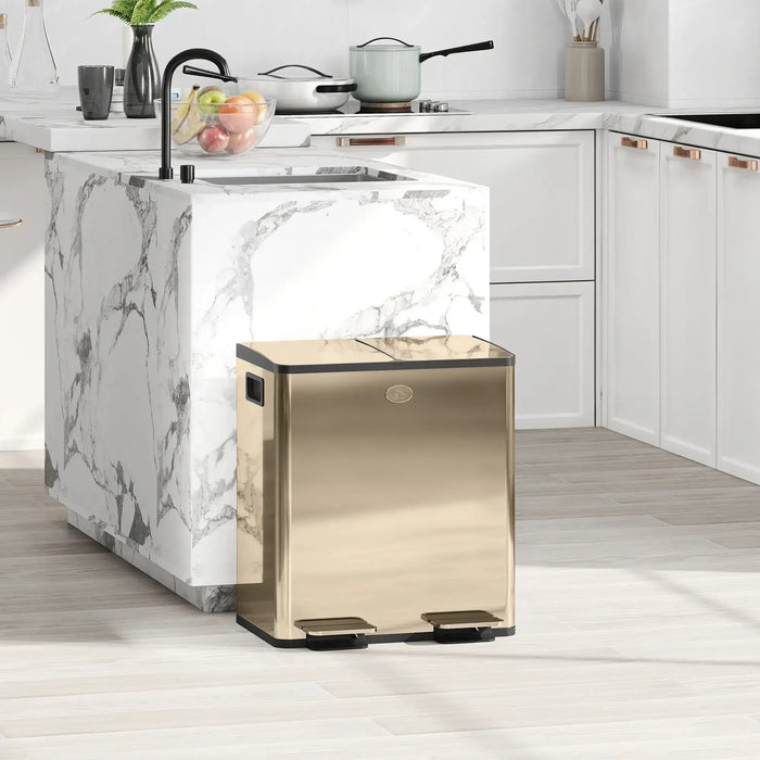Gold trash can in a modern kitchen with marble island