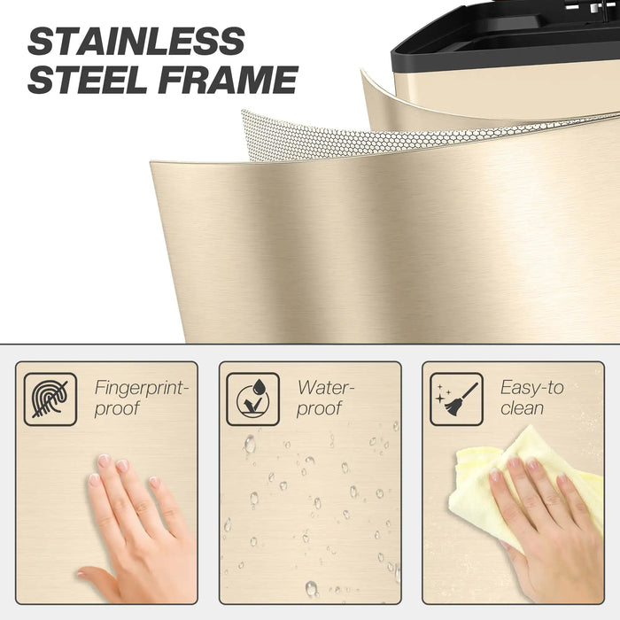 Beige trash bin with stainless steel frame features, showing fingerprint-proof, waterproof, and easy-to-clean properties.