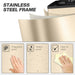 Beige trash bin with stainless steel frame features, showing fingerprint-proof, waterproof, and easy-to-clean properties.