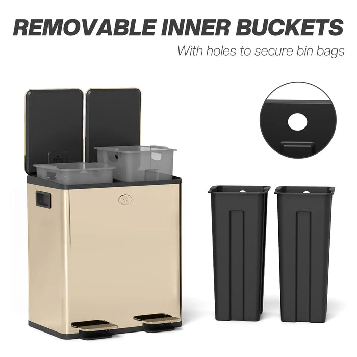 Beige trash bin with removable black inner buckets on a white background