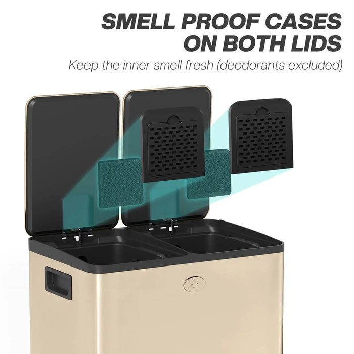 Beige and black trash bin with smell proof cases on both lids, text indicating feature.