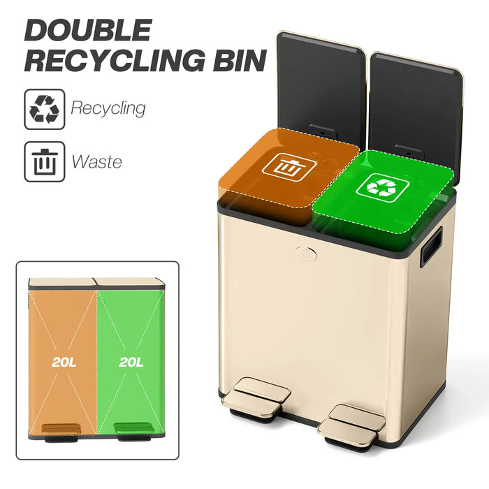 Double recycling bin with separate compartments for recycling and waste, featuring icons and labels.