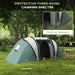 Dark green three-room tunnel tent with two bedrooms, living area, outdoors, 3000mm waterproof