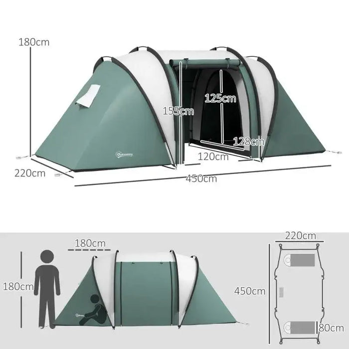 Dark green tunnel tent with two bedrooms, living area, and size dimensions shown