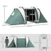 Dark green tunnel tent with two bedrooms, living area, and size dimensions shown