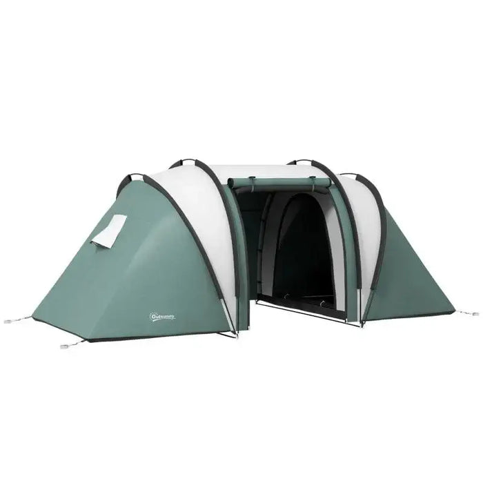Dark green tunnel tent with two bedrooms, central living area, and waterproof design