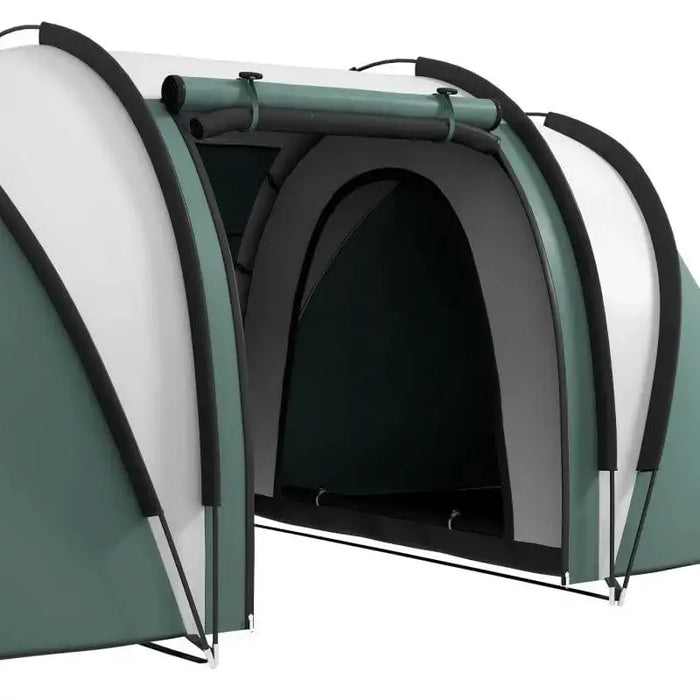 Dark green tunnel tent with two bedrooms and central living area, outdoors, waterproof design